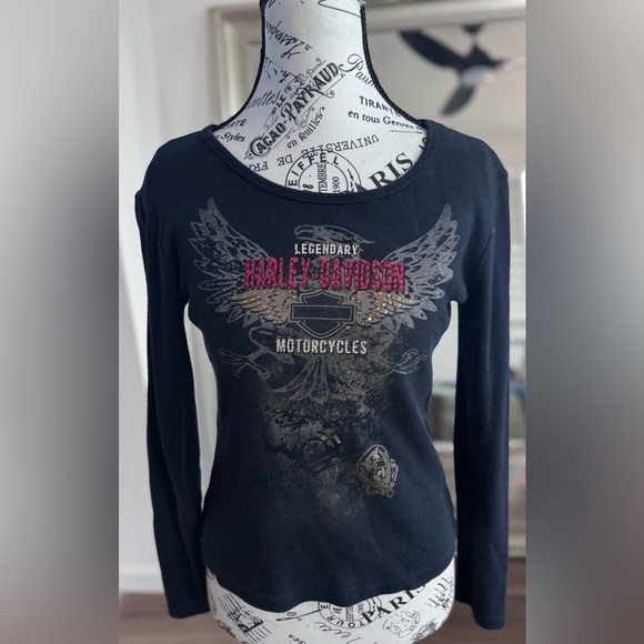 Harley-Davidson Tops - Harley Davidson Bling Rhinestone Eagle Biker Moto Top Thunder 2005 Women’s S
